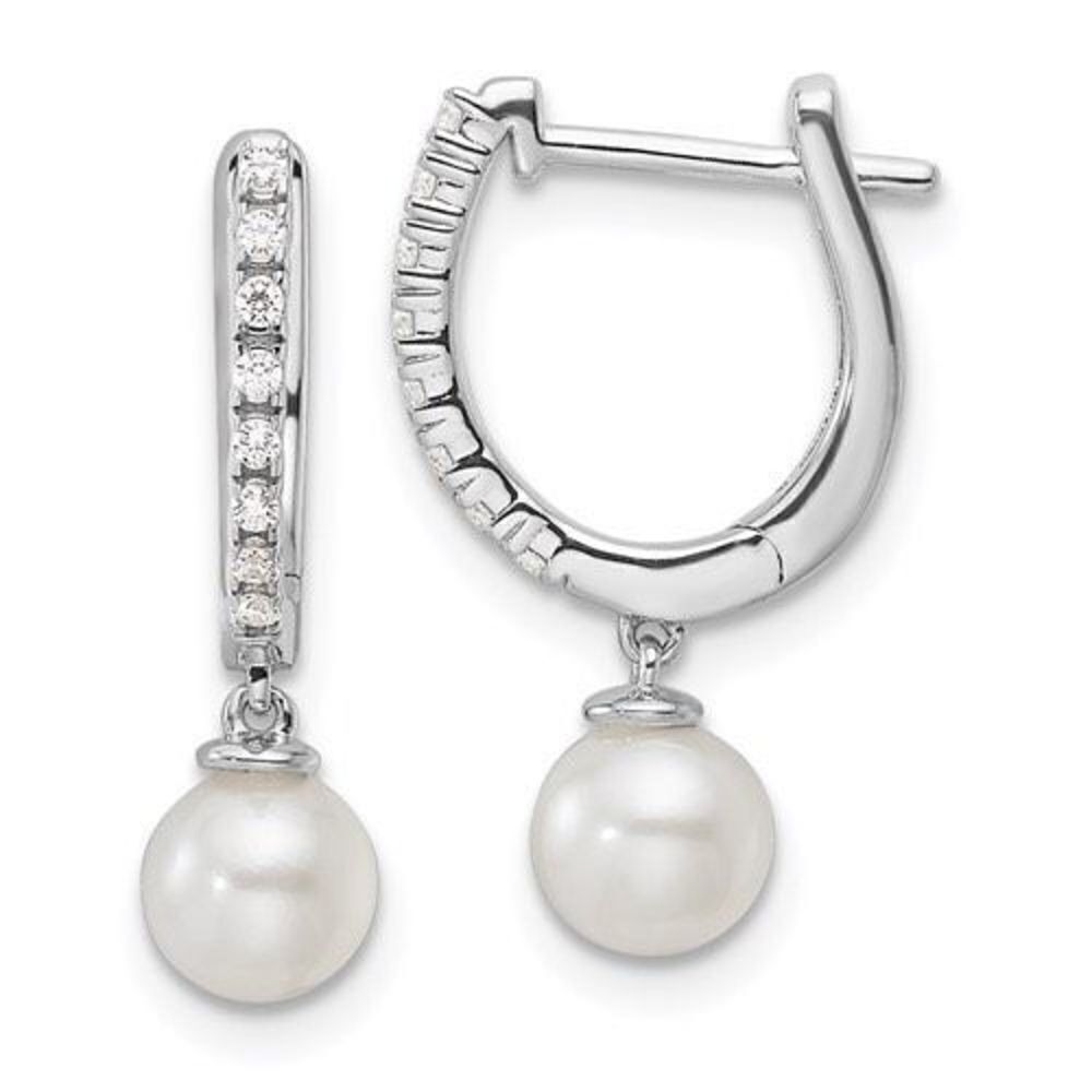 14K White Gold Lab Grown Diamond Drop Pearl Hoop Earrings